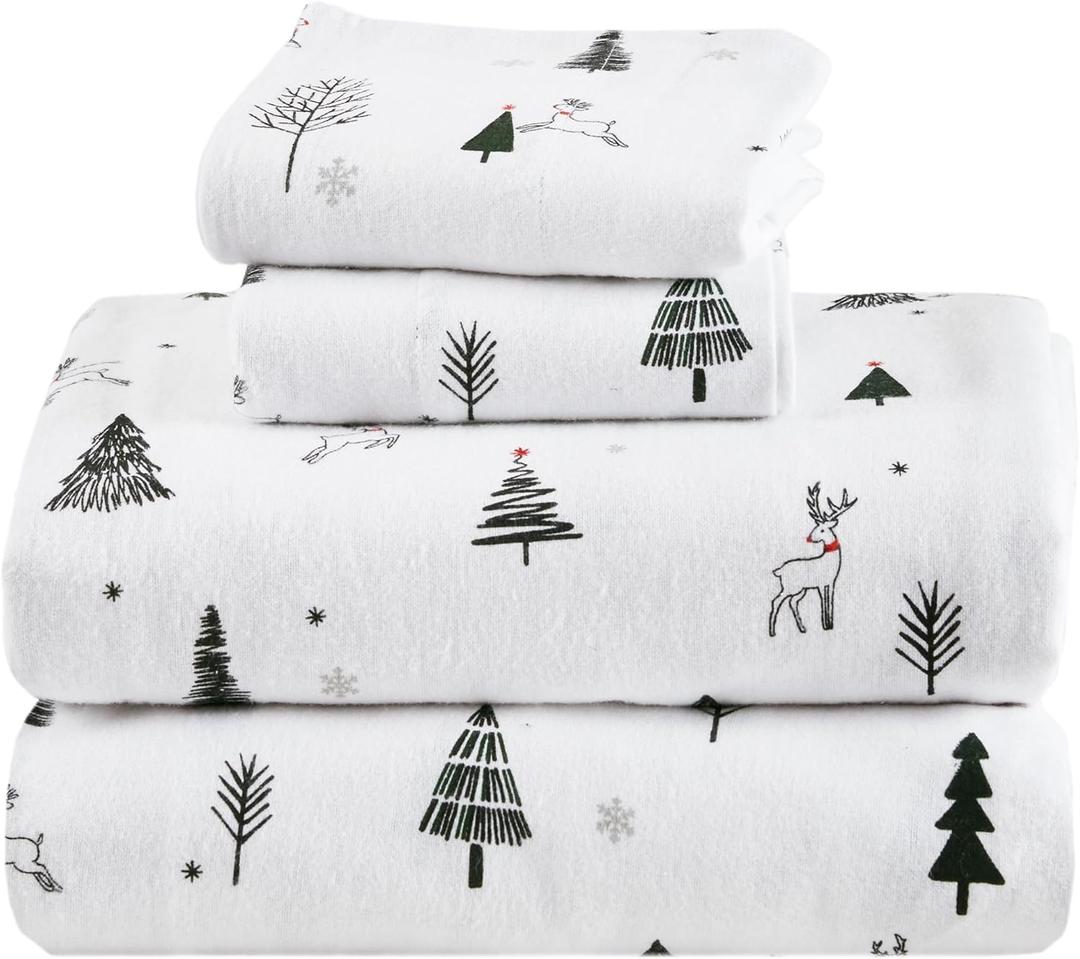 Comfort Spaces 100% Cotton Flannel Sheets Twin XL, Ultra Soft Cozy Flannel Sheet Set with 12" Elastic Pocket, Novelty Print Warm Flannel Bedding, Reindeer 3 Piece