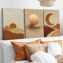 3Pcs Boho Sun and Moon Canvas Wall Art Abstract Poster Print Mid Century Modern Picture Earth Tone Minimalist Celestial Painting Wall Decor for Bedroom Living Room 16x24in Framed