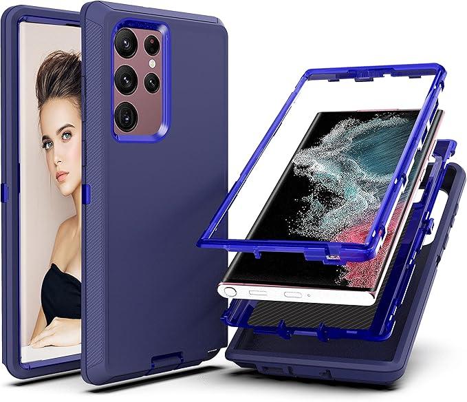 YmhxcY for S22 Ultra Case, Drop Proof 3-Layer Durable Cover/Shockproof Armor Drop Protection/Solid Rubber Protective Matte Cover for Galaxy S22 Ultra 6.8”-Sapphire Blue/Dark Blue
