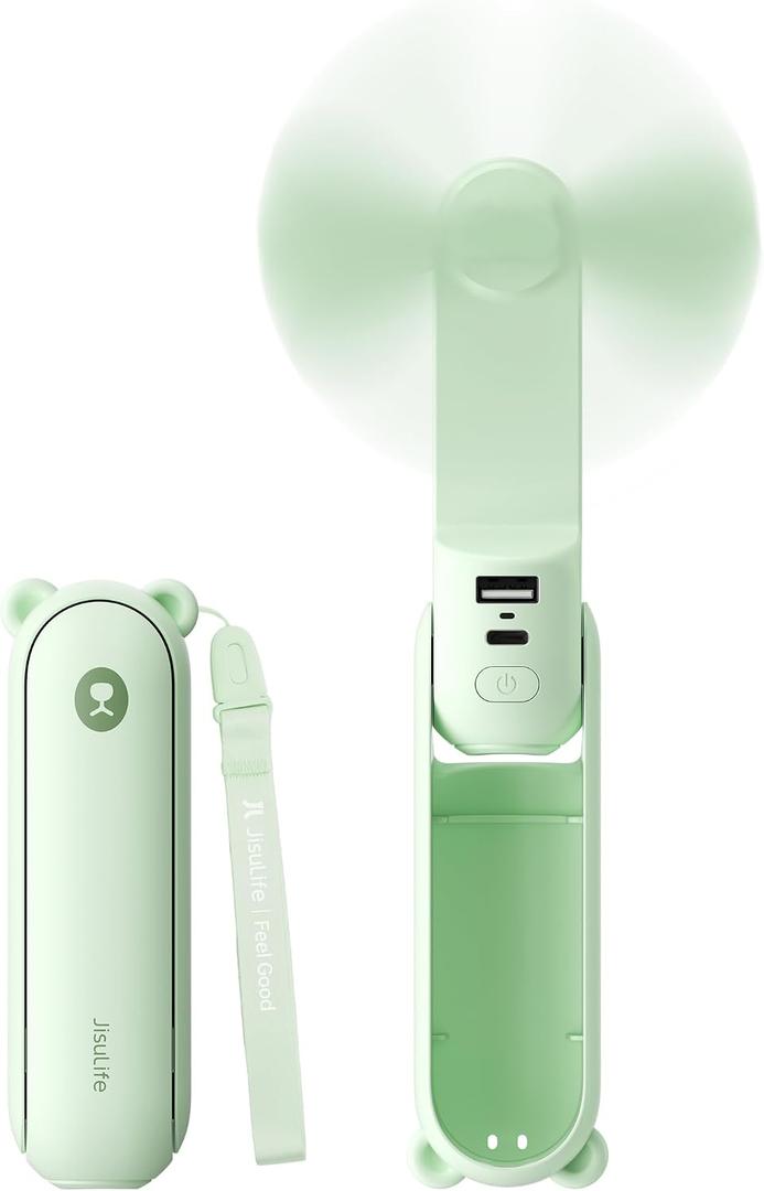JISULIFE Handheld Mini Fan, 3 IN 1 USB Rechargeable Portable Fan [12-19 Working Hours] with Power Bank, Flashlight, Pocket Design for Travel/Summer/Concerts/Lash, Gifts for Women(Green)