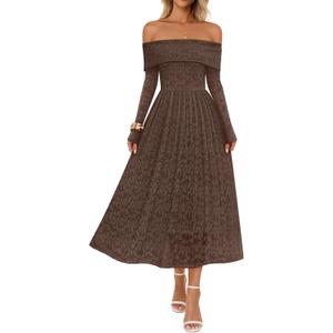 MEROKEETY Women's 2025 Fall Long Sleeve Floral Midi Dress Off Shoulder Wedding Guest Formal Long Flowy Dresses (Brown, L)