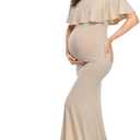 Glampunch Womens Off Shoulder Maternity Dress Ruffles Elegant Slim Gowns Fit Maxi Photography Dress (Large, Beige)