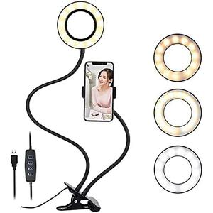 Clip on Light Reading Lights with Cell Phone Holder,Eye Protection Kids Desk Lamp, 360  Flexible Gooseneck Selfie Ring Light LED Makeup Mirror Lights (Selfie Ring Light with Cell Phone Holder)