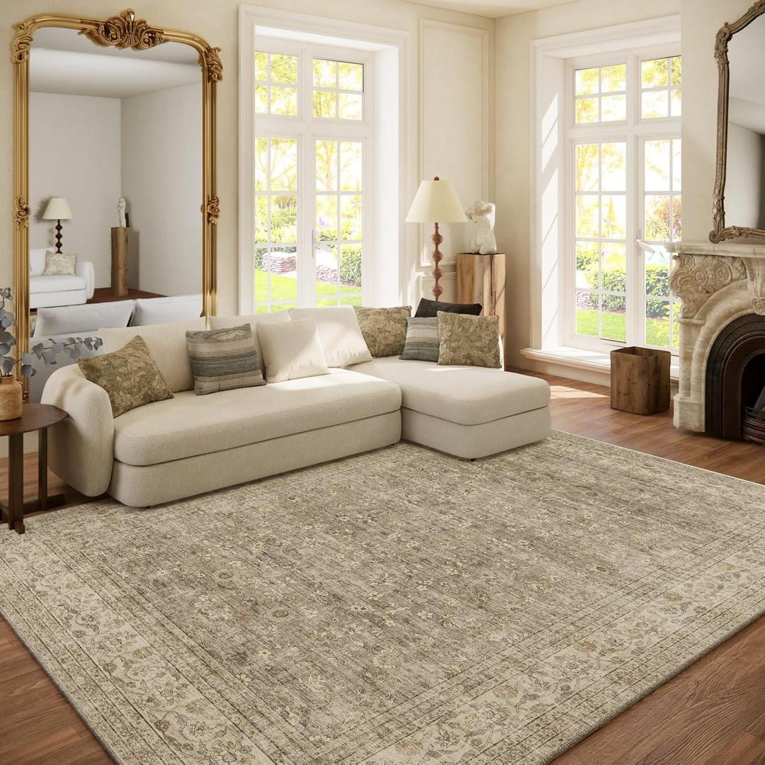 Machine Washable Rugs for Living Room: 6x9 Area Rugs for Bedroom Vintage Stain Resistant Non Slip Low Pile Lightweight Boho Carpet for Kitchen Dining Room Farmhouse Kids Room Nursery (Brown and Grey)