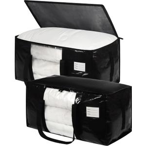 2 Pack Black Moving Bags with Clear Window, Storage Bags with Full Wrap Carrying Handles & Zippers,Large Packing Bag for Saving Space, Alternative to Moving Boxes