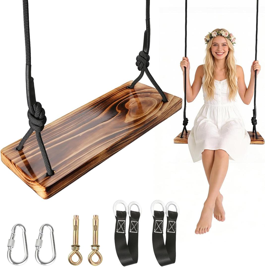 Carbonized Wooden Swing,Aspelve 24"x 8" Hanging Tree Swing with Heavy Duty 500 lbs Load,Wooden Swing Seat with Adjustable Climbing Rope & Tree Straps for Outdoor and Indoor Use(24"x 8")