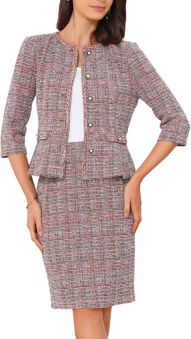 Allegra K Women's 2 Piece Skirt Sets 3/4 Sleeve Collarless Tweed Jacket Pencil Skirt Set Elegant Business Casual Outfit, M