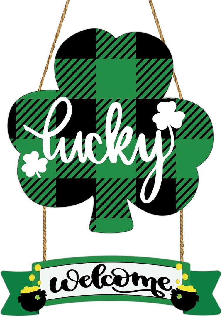 St Patricks Day Decorations St Patricks Day Wreath Shamrock Door Decorations Wooden Buffalo Plaid Shamrock Wreaths for Front Door Hanger Lucky Welcome Sign for Porch Wall Indoor Home Decor