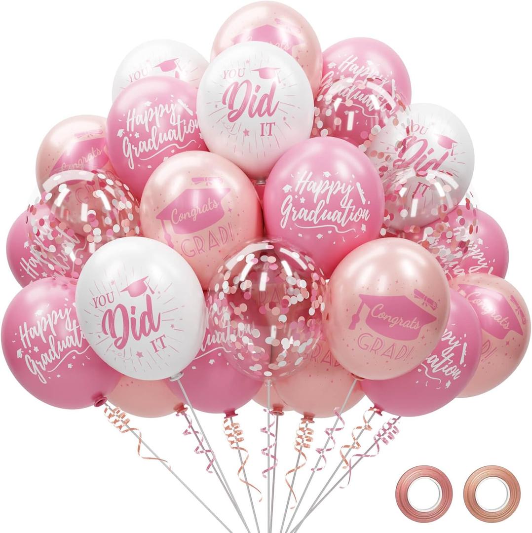 74 Pack Pink and Rose Gold Graduation Balloons Class of 2026 Graduation Decorations - 12 Inch Pink White Congrats Grad Balloons with Ribbons, 2026 Grad Party Decorations for College, High School