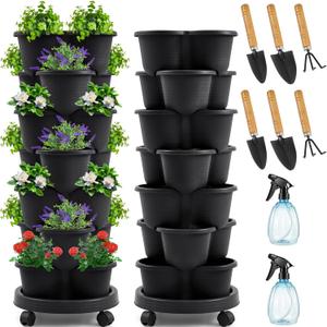 Umigy 2 Set Black 7 Tier Stackable Vertical Planters with Removable Wheels and Tools Tower Planters Strawberry Herb Flower Vegetable Pots Indoor Outdoor Gardening Pots