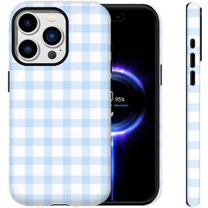 for iPhone 15 Pro Case [Compatible with MagSafe] 2-Layer Hard Shell Glossy Rugge Shockproof Protection Phone Case, Blue Checkered Checkerboard