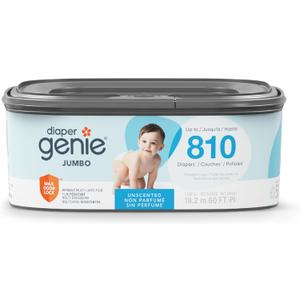 Diaper Genie Jumbo Square Refill, with Continuous Film, can Hold up to 810 Newborn-Sized Diapers per Refill.