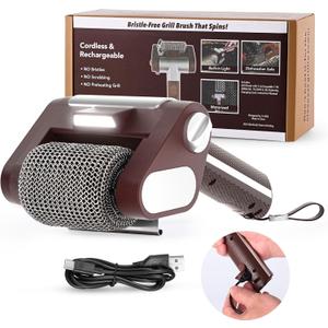 Electric Grill Cleaner Bristle Free  Cordless, Rechargeable BBQ Grill Brush with 350 RPM Stainless Roller, LED Light, Dishwasher-Safe for Gas/Charcoal Grills (Brown)