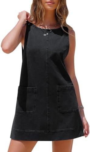 EXLURA Womens Sleeveless Denim Dress Casual Summer Crewneck A Line Overall Mini Dress Jean Jumper Pinafore with Pockets 2025 XS