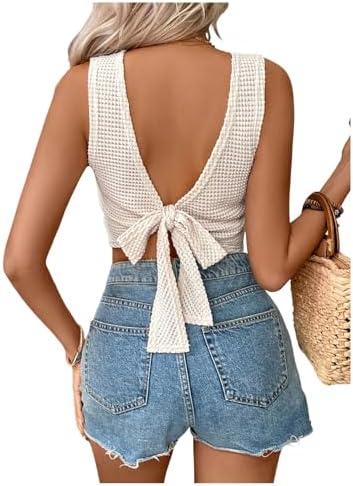 SweatyRocks Women's Tie Backless Lace Tank Top Crewneck Sleeveless Cut Out Crop Tops Medium