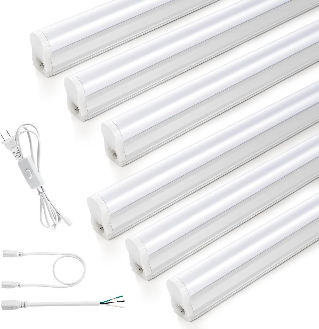 (6 Pack) 4FT T5 LED Integrated Fixture,6500K,20W,2800LM(Super Bright White) Linkable LED Shop Light,Garage Ceiling and Cabinet Light,Strip Light,Corded Electric with ON/Off Switch