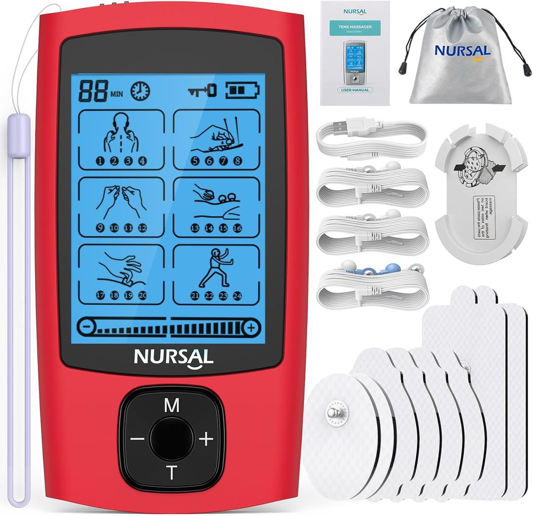 NURSAL 24 Modes TENS Unit Muscle Stimulator, Rechargeable Electronic Pulse Massager with 8 Pads for Back and Shoulder Pain Relief and Muscle Strength (Red)