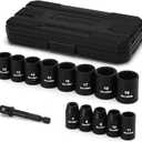 14 Pieces 3/8-Inch Drive Impact Socket Set, 12-Point, Metric, Shallow, CR-V, 7mm to 19mm, Drill Socket Adapter 3/8"