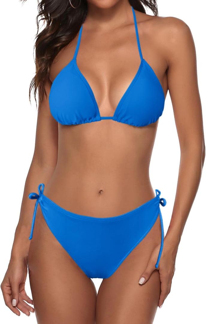 Zonsaoja Women String Bikini Set Halter Side Tie Two Piece Swimsuit Triangle Bathing Suits (Medium, Blue)