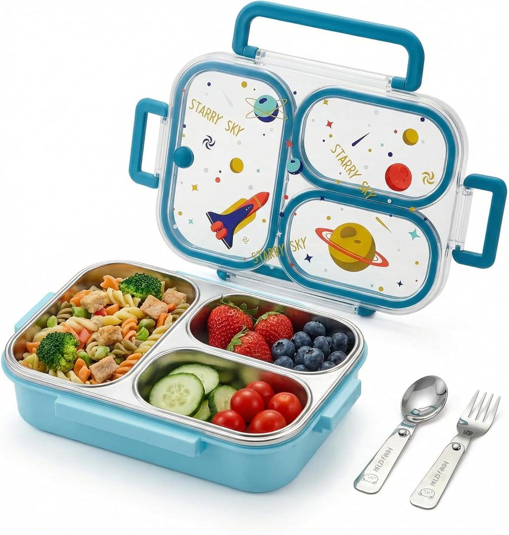 WORTHBUY Microwavable 304 Stainless Steel Bento Box With Utensils, Metal Lunch Container With 3 Compartments, Leak Proof Lunch Box, Portable Concealed Handle, BPA Free, Dishwasher Safe [Planet]