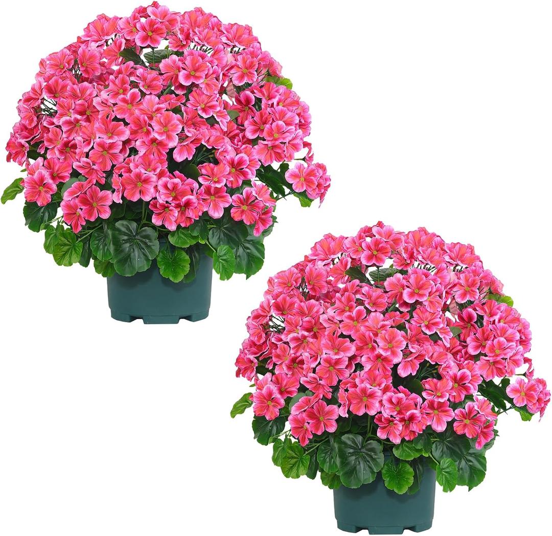 QIANYUN Artificial Geranium Bush  20 Inch Outdoor Potted Artificial Plant for Front Porch, UV Resistant Faux Flower Bush for Garden, Yard & Patio Decor (2 Pack) (Dark Pink)
