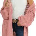 Maroway Womens Cardigan Solid Color Long Sleeve Open Front Chunky Knit Sweater Outwear (Pink, XL)