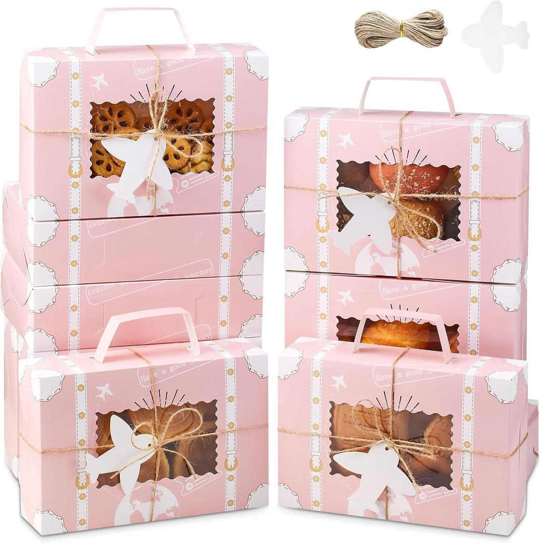 4 x 20Pcs Treat Boxes with Window for Desserts, Candy & Cookies, Mini Suitcase Party Favor Box for Travel Theme Party Decor and Gift Giving,Pink, 9 x 6 x 2.5 Inches