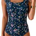 B2prity Womens One Piece Swimsuit Retro Square Neck Tummy Control Bathing Suits Ruched Modest Full Coverage Swimwear (Medium, Navy and Pink Floral)
