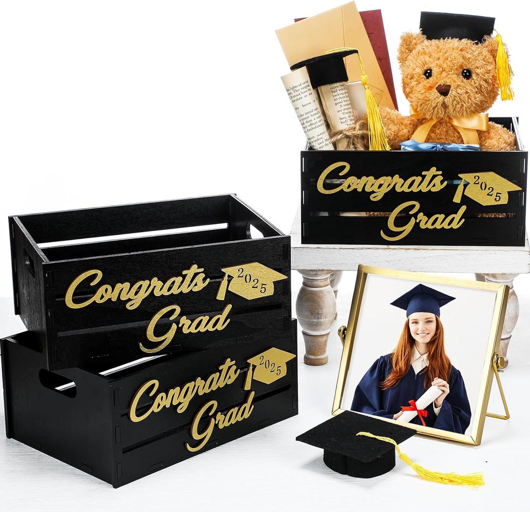 Weysat 3 Pcs Grad Basket for Graduation 2025 Congrats Grad Wooden Serving Bowl Graduation Candy Boxes Table Boxes to Collect Letters Greeting Gift Keepsake for Class of 2025 Party Decoration Supplies