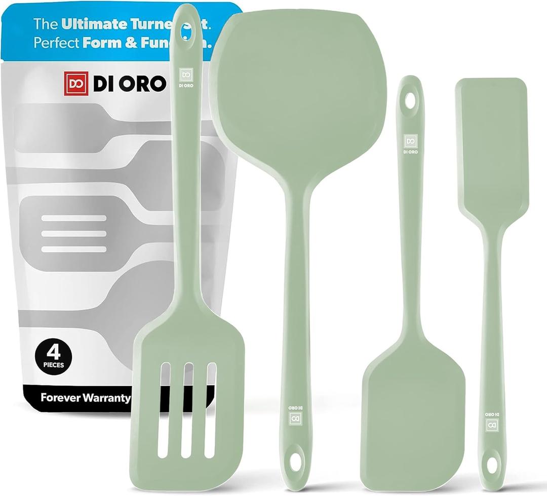 New DI ORO Silicone Turner Spatula Set - Kitchen Spatulas for Nonstick Cookware - Cooking Utensils for Flipping Eggs & Pancakes - 600F Heat-Resistant BPA Free Turners - Dishwasher Safe (4pc, Sage)