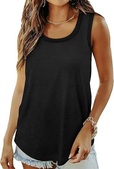 Saloogoe Womens Tank Tops Summer Loose Sleeveless Tops Ribbed Trim Scoop Neck Curved Hem 2024 XL Black