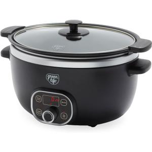 GreenLife 6QT Slow Cooker, Non-Toxic PFAS-Free Ceramic Nonstick Removable Interior Bowl, Programmable, Family Friendly, Keep Warm, Stovetop & Oven Safe, Dishwasher Safe Crock, Timer, Glass Lid, Black, 6 Quarts