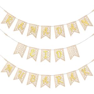Menkxi 3 Pcs Eid Ramadan Mubarak Banner Wooden Ramadan Mubarak Decoration Rustic Bead Decorations Banner Muslim Party Decor Supplies for Home Fireplace Indoor Outdoor (Large,Gold Letters)