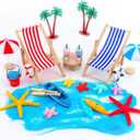 Minatee 25 Pcs Beach Miniature Dollhouse Decoration, Umbrella Palm Chair Miniature Toys Garden Dollhouse Outdoor Accessories Beach Decorations for DIY Garden Plant Pool(Red, Blue)