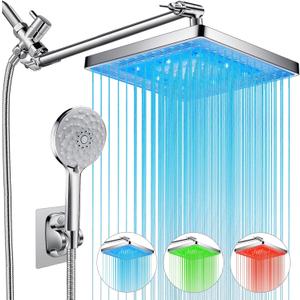 PinWin Shower Head, 8'' Dual Rain Shower Head with 11'' Adjustable Extension Arm, 7-Setting High-Pressure Handheld Combo, Rainfall LED Shower Head Water Temperature Controlled Color Changing, Chrome (8'' Showerhead Set)