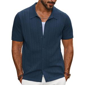 PJ PAUL JONES Blue Button Down Shirt Men Fitted Knit Polo Mens Short Sleeve Shirts Casual Summer Beach Tops, Navy Blue, X-Large