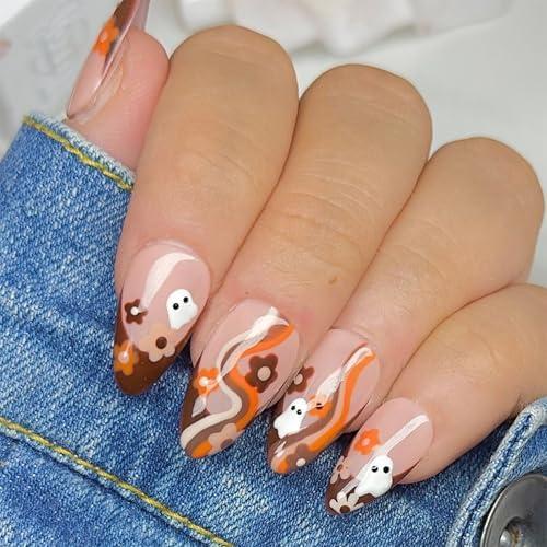 Halloween Press on Nails Almond Fake Nails French Tip Glue on Nails Cute Halloween False Nails with Orange Brown Flowers Waves Ghost Designs Glossy Brown Tips Nude Acrylic Nails for Women and Girls, 3 Pack
