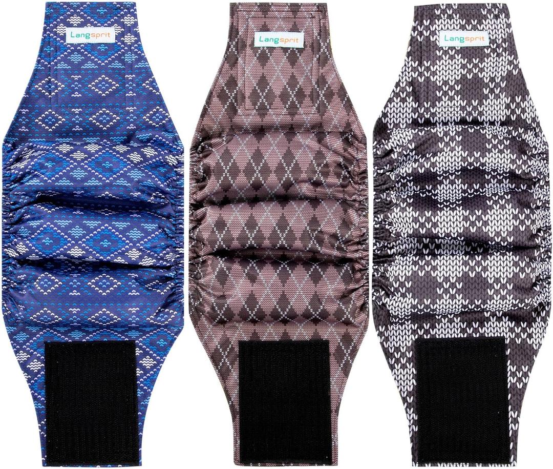 Langsprit Male Belly Bands for Dogs (Pack of 3) - High Absorbing Washable Dog Wraps - Reusable Diapers Plaid-1 M