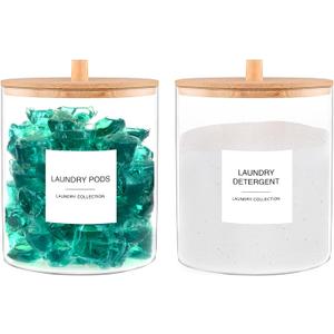 Glass Jars for Laundry Room Organization, Laundry Pods Container with 27 Labels, Detergent Holder with Bamboo Lid, Cute Storage Jars (Set of 2)