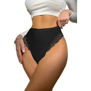 Milumia Women Sexy Lace Panties Underwear High Waisted Thongs French Cut Bikinis (Large, Black)