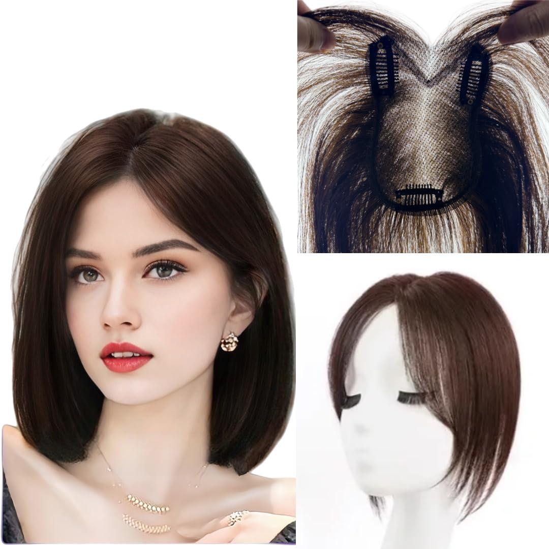 Anemone Borderless Design Lace Human Hair Toppers for Women Clips in False Bangs Fluffy Fringe Hairpiece For Cover Thinning Grey Hair (8 * 11 Brown Mid Bangs)
