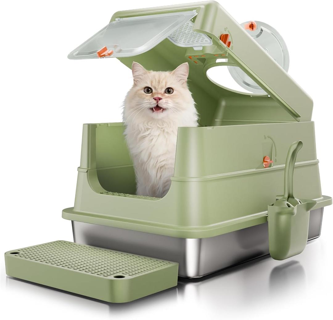 Stainless Steel Cat Litter Box with Lid, Extra Large Enclosed Metal Litter