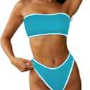 ZAFUL Women Strapless Textured Bandeau Bikini 2 Piece Swimwear Cheeky Solid Lace up Bathing Suits (Large, 4-Blue-Teeth)