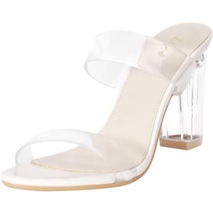 ZriEy Women's Chunky Block Open Toe Mid High Heeled Sandals Two Strap Slip on Heels Slide Sandals for Party Wedding Dress Dating Daily Pumps Shoes (6, Beige Clear)