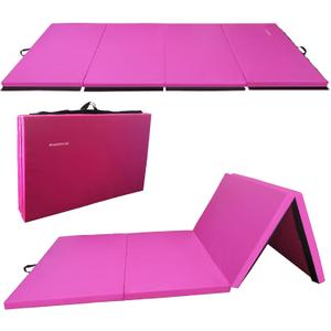 Folding Exercise Gymnastics Mat, 4'x8'x2" Gym Workout Mat with Carrying Handles 4-Fold High-Density Anti-Tear Portable Fitness Aerobics Mats for Home Gym Yoga Pilates Tumbling MMA Core Training, Multiple Colors (Pink)