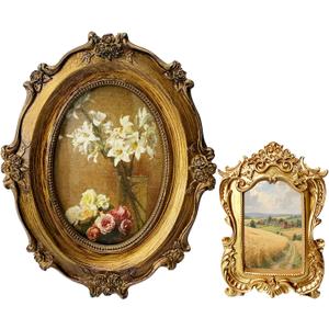 2 Pcs Vintage Photo Frames Antique Baroque Ornate Resin Rectangle Oval Picture Frames with Glass Front Tabletop and Wall Decor for Home Wedding 46 and 23