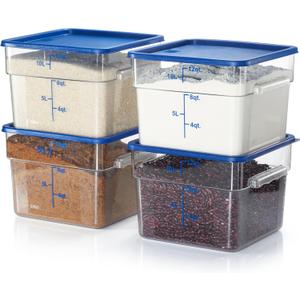 CURTA 4 Pack Food Storage Containers with Blue Lids - NSF Listed Commercial Grade in 12.0 Qt - Square, Clear, Polycarbonate