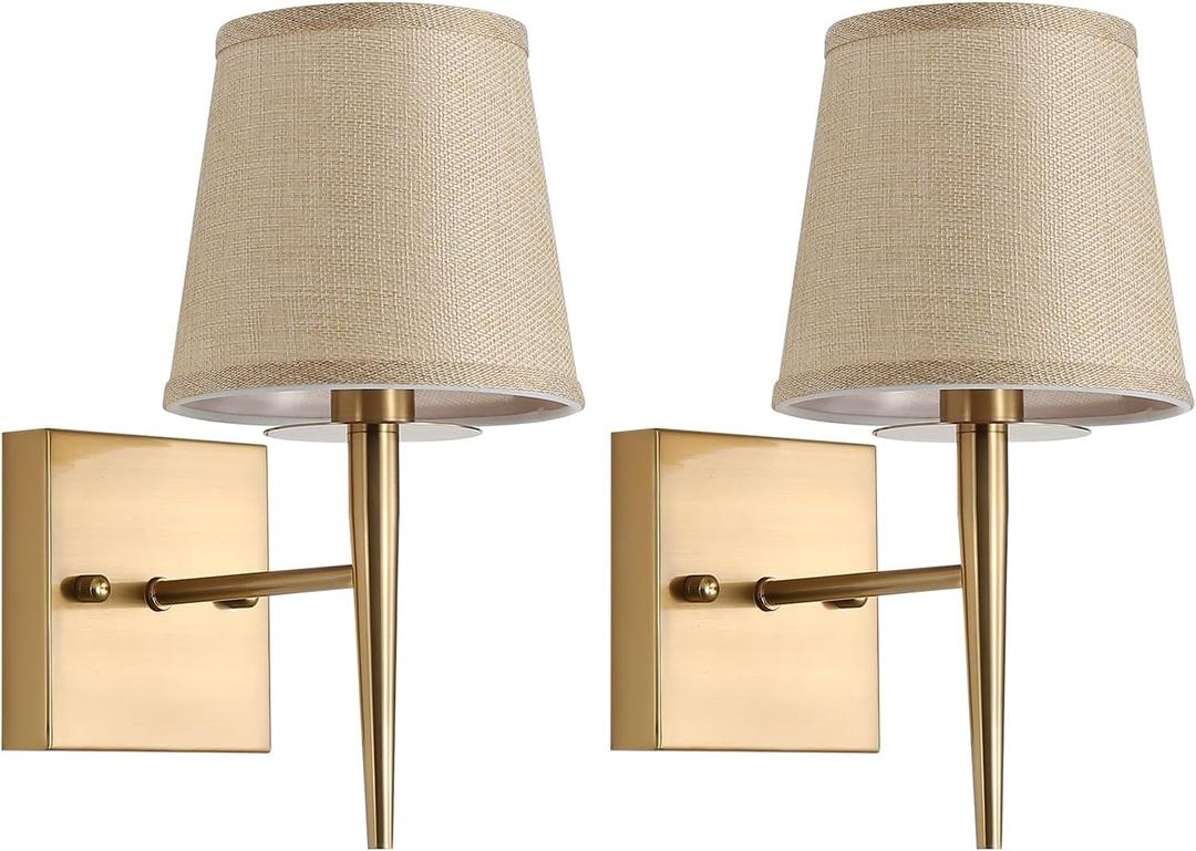 Set of 2 Mid-Century Modern Wall Sconce with Fabric Shade| 1-Light Antique Gold Indoor Wall Lamp Fixture| Hallway Bathroom Vanity Light Sconces Mirror Cabinet Stairway Wall Lights (Linen)
