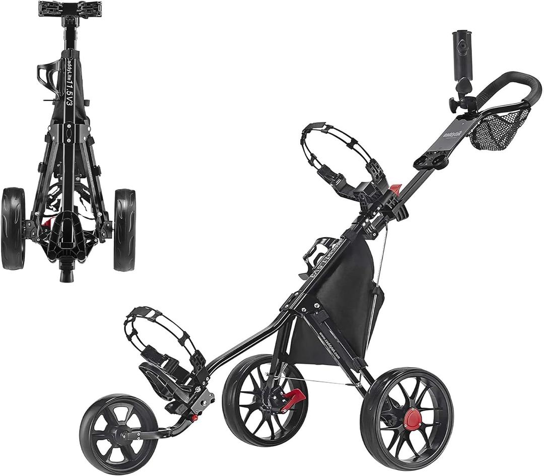 Caddytek CaddyLite 11.5 V3 Golf Push Cart - Lightweight Aluminum 3-Wheel Foldable Golf Bag Cart with Quad-Fold Frame, EVA Wheels, Adjustable Handle, Foot Brake, Mesh Net, Umbrella & Drink Holder (Black)