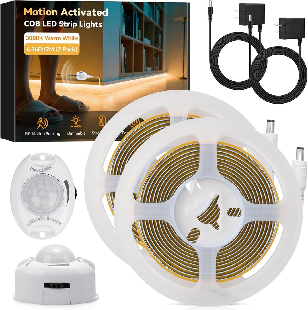 Under Bed Lights Motion Sensor COB LED Strip, 2 x 6.56Ft Warm White Motion Activated LED Light Strip for Bedside, 12V Dimmable Motion Sensor Night Light COB Strip for Under Cabinet Stair Closet